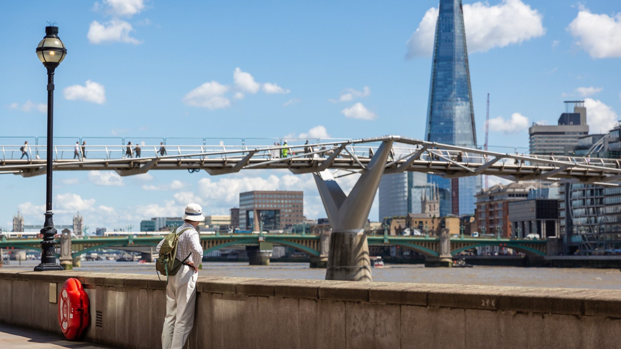 A view of Millennium Bridge with the Shard in the background