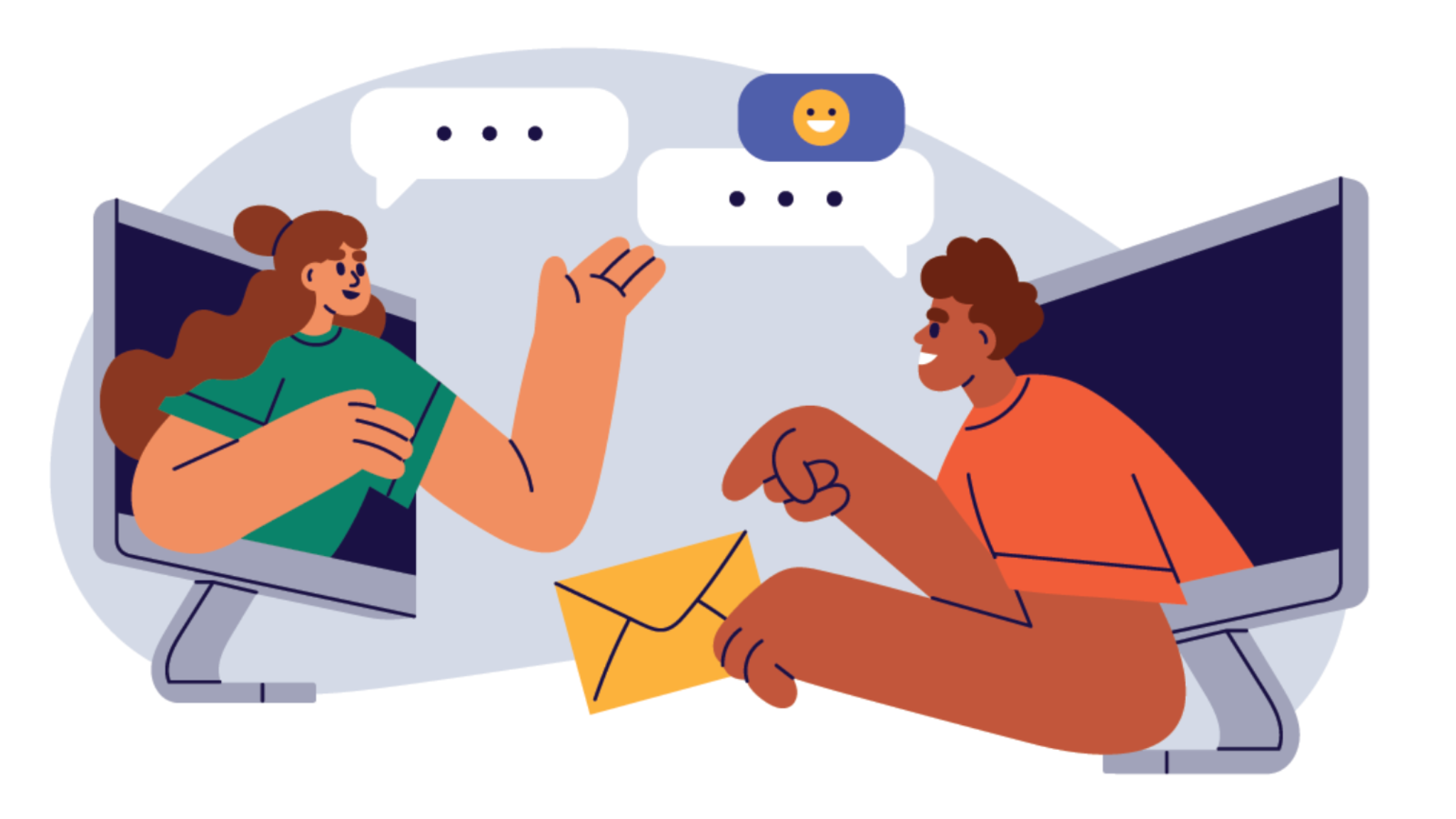 Illustration showing two people leaning out of computer screens and talking to each other.