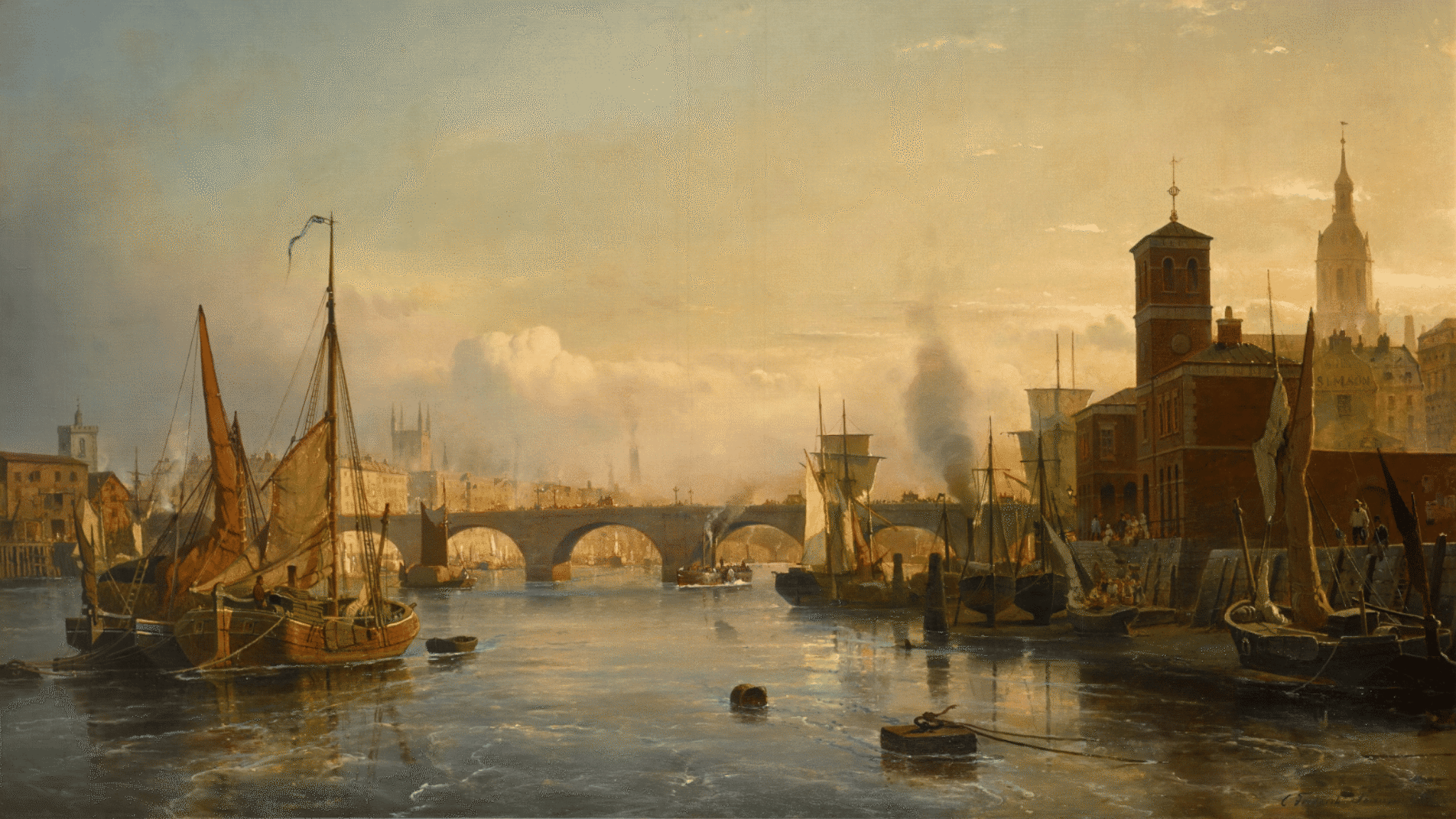 London Bridge and the Pool of London in 1862, not long after Parliament abolished the traffic in slavery (1807). Painting by Carl Frederik Sørensen.