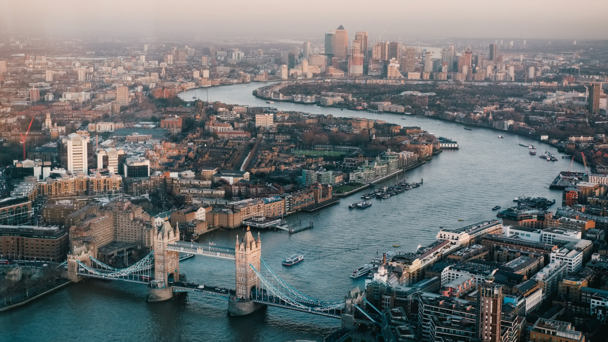 Aerial view of Tower Bridge, the Thames and London